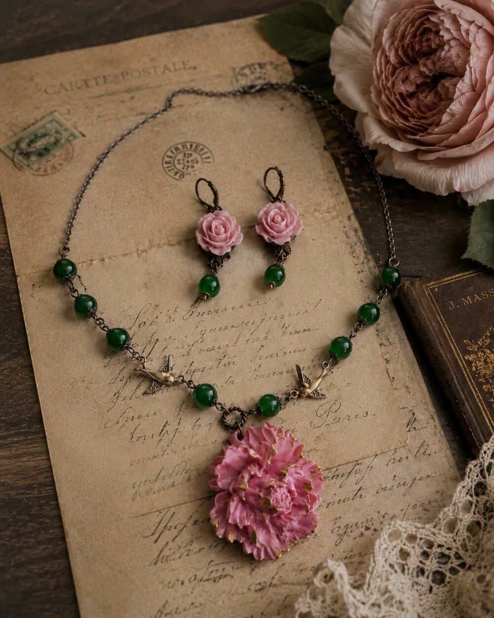 Shabby Chic Peony Bird Flower Necklace Earrings VTG Cottagecore Artisan French